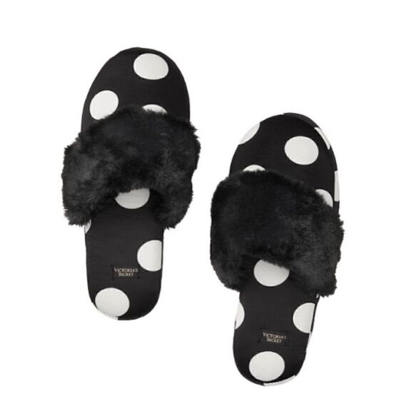 Victoria Secret Slippers Satin Fur Trim Black Polka Dot Pattern Size 9/10 L - Picture 1 of 5